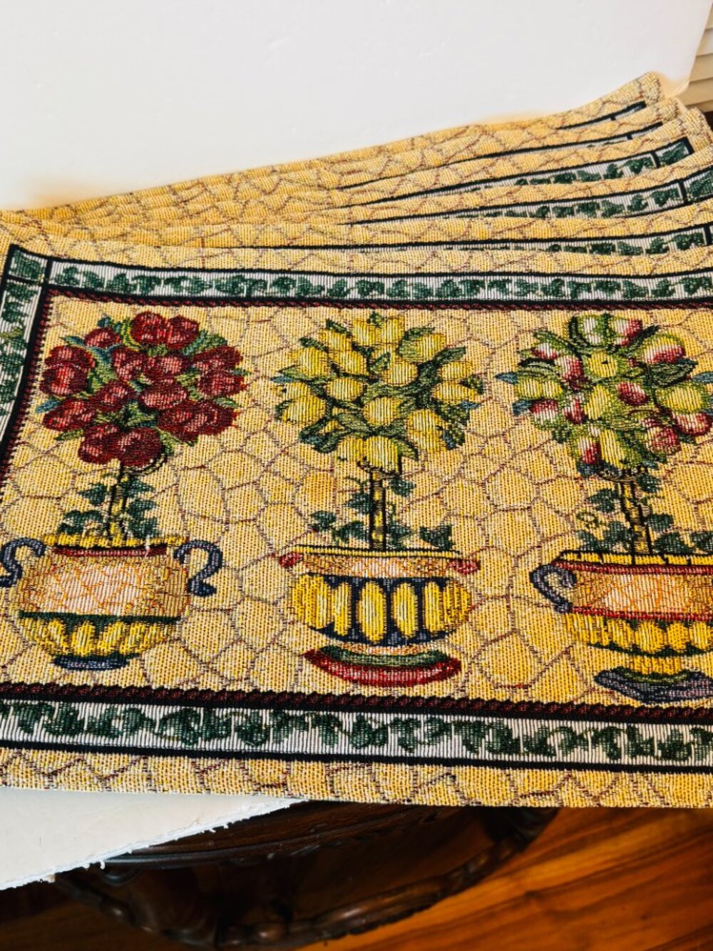 Vtg Set 6 Woven Tapestry Lined Placemats Topiary Fruits Trio 13x19" Red Yellow